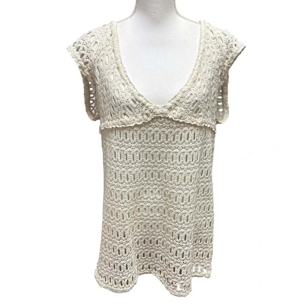 Milly Cabana Crochet Mini Dress Deep V-Neck Cream Unlined Bohemian Size‎ Medium